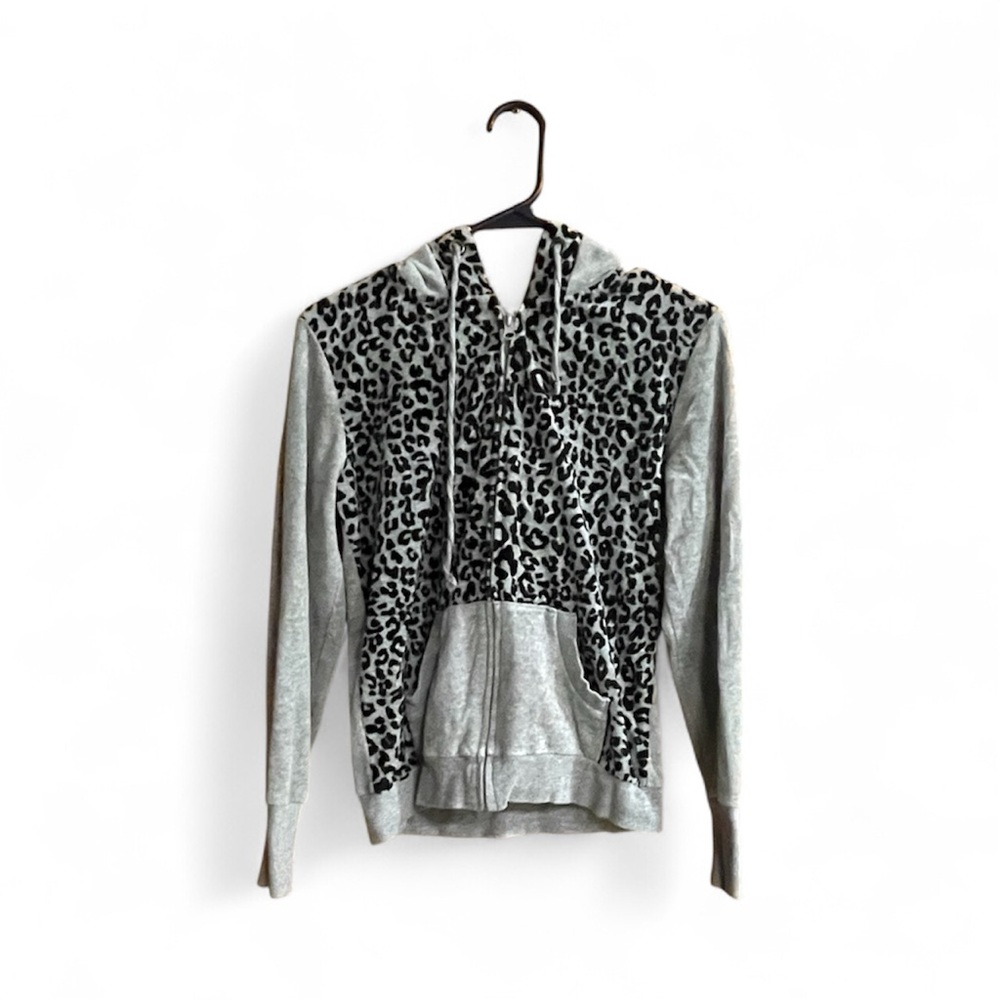 Pink Rose Gray and Leopard Print Zip-Up Hoodie With Pocket Women’s Size Medium